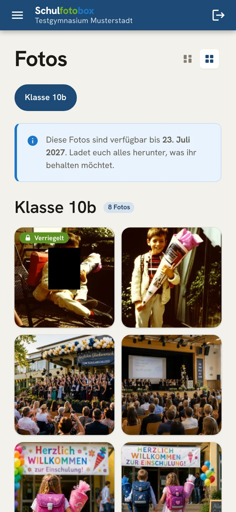 Die Galerie der Schulfotobox auf dem Handy: Fotos vom Sportfest, nach Aufnahmetag gruppiert.